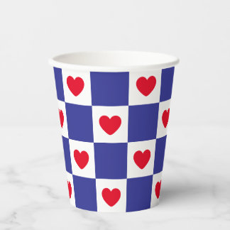 Gobelets En Papier Motif de cœur à carreaux rouge blanc et bleu