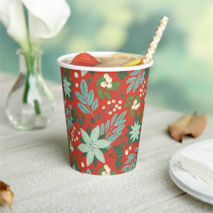 Gobelets En Papier Motif de Noël floral rouge festif