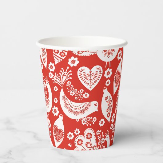 Gobelets En Papier Motif de Noël scandinave rouge avec oiseaux (Verso)