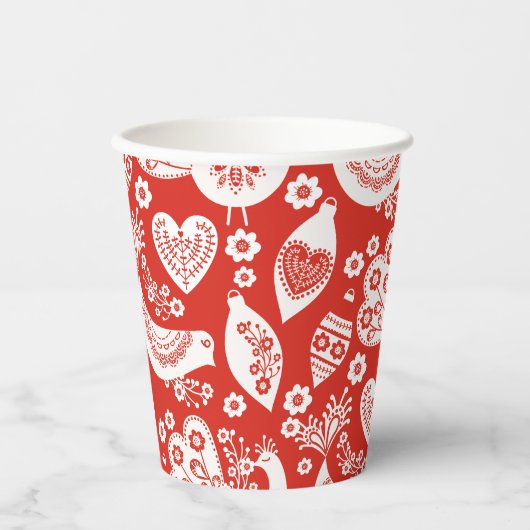 Gobelets En Papier Motif de Noël scandinave rouge avec oiseaux (Recto)