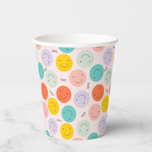 Gobelets En Papier Motif de visage joyeux souriant coloré (Recto)