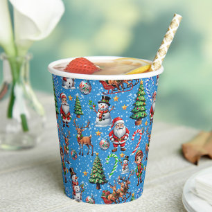 Gobelets En Papier Motif décoratif de Noël sur fond bleu