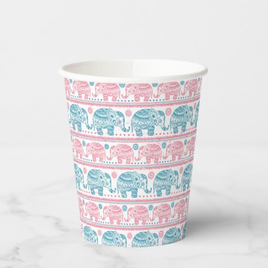 Gobelets En Papier Motif d'éléphants ethniques rose et Turquoise (Gauche)