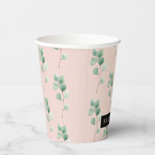 Gobelets En Papier Motif Feuille Aquarelle moderne avec nom (Droite)