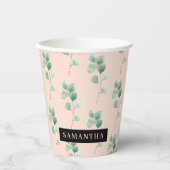 Gobelets En Papier Motif Feuille Aquarelle moderne avec nom (Recto)