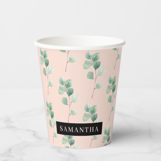 Gobelets En Papier Motif Feuille Aquarelle moderne avec nom (Recto)