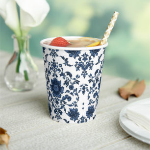 Gobelets En Papier Motif floral damassé élégant victorien bleu marine