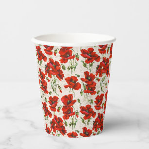 Gobelets En Papier Motif floral vintage rouge coquelicot Art botaniqu