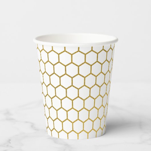 Gobelets En Papier Motif géométrique Hexagon blanc et or (Verso)