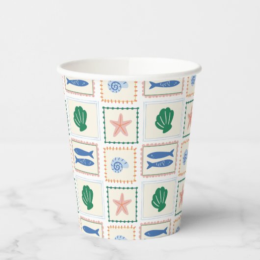 Gobelets En Papier Motif moderne Boho Coastal Pastel Seashell (Gauche)