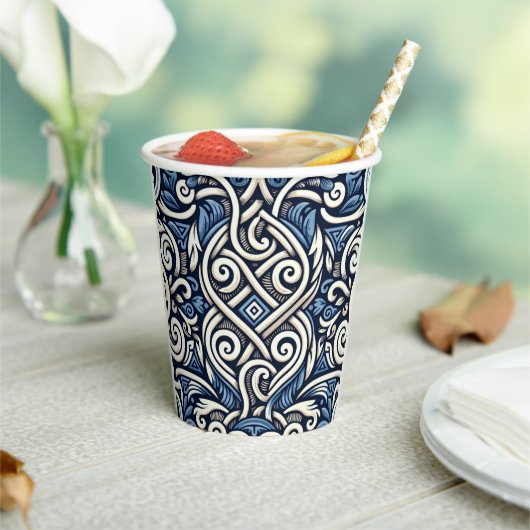 Gobelets En Papier Motif moderne grec bleu et blanc (Insitu)