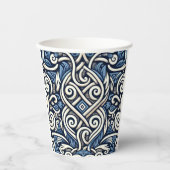 Gobelets En Papier Motif moderne grec bleu et blanc (Recto)