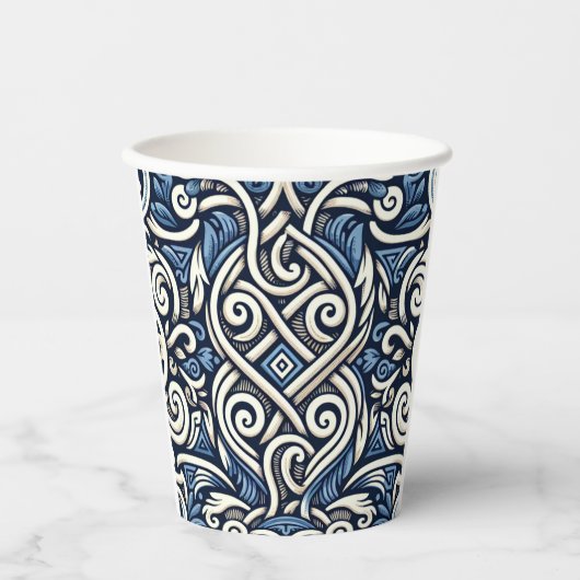 Gobelets En Papier Motif moderne grec bleu et blanc (Recto)