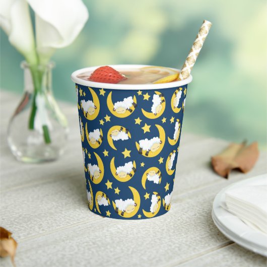 Gobelets En Papier Motif mouton, Mouton couché, Lune, Étoiles (Insitu)