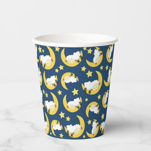 Gobelets En Papier Motif mouton, Mouton couché, Lune, Étoiles (Recto)