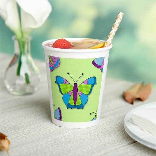 Gobelets En Papier Motif papillon patchwork sur fond vert