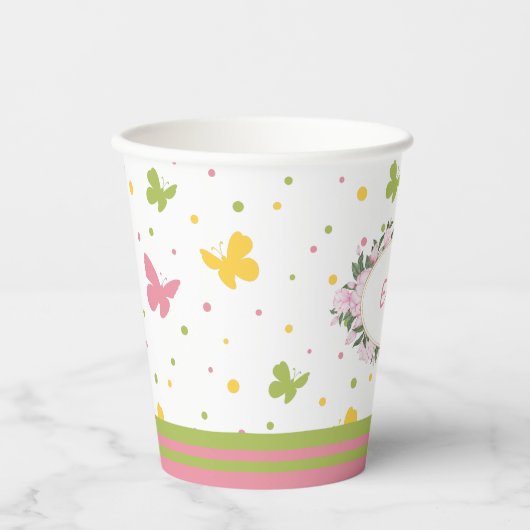 Gobelets En Papier Motif Pastel Butterfly avec Fleurs et Nom (Recto)