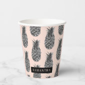 Gobelets En Papier Motif Tropical Grey & Rose Ananas Avec Nom (Recto)