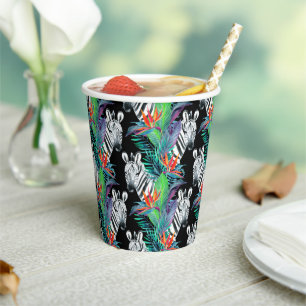 Gobelets En Papier Motif Zèbre Et Fleurs Exotiques