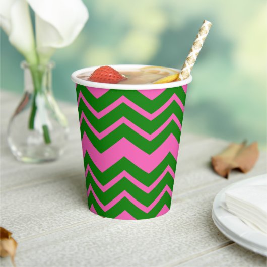 Gobelets En Papier Motif Zigzag Chevron Rose Vert (Insitu)