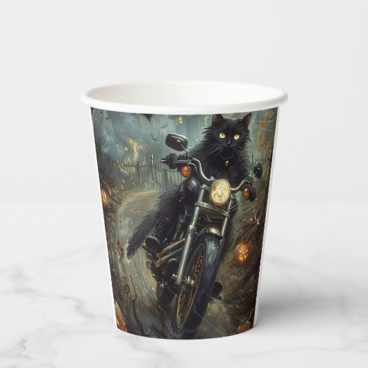 Gobelets En Papier Moto à équitation Chat Noir Halloween effrayant (Verso)