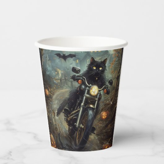 Gobelets En Papier Moto à équitation Chat Noir Halloween effrayant (Recto)