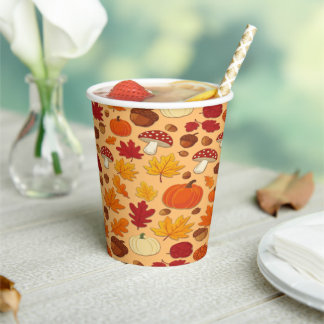 Gobelets En Papier Mushrooms and Falling Leaves Enchanted Autumn