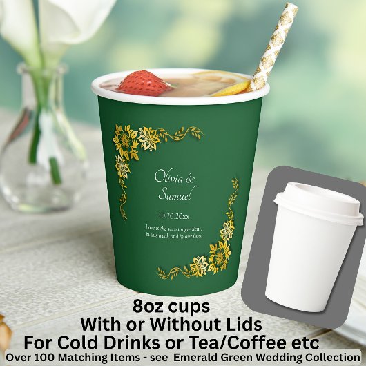 Gobelets En Papier Names Date Message Emerald Green & Gold 8oz