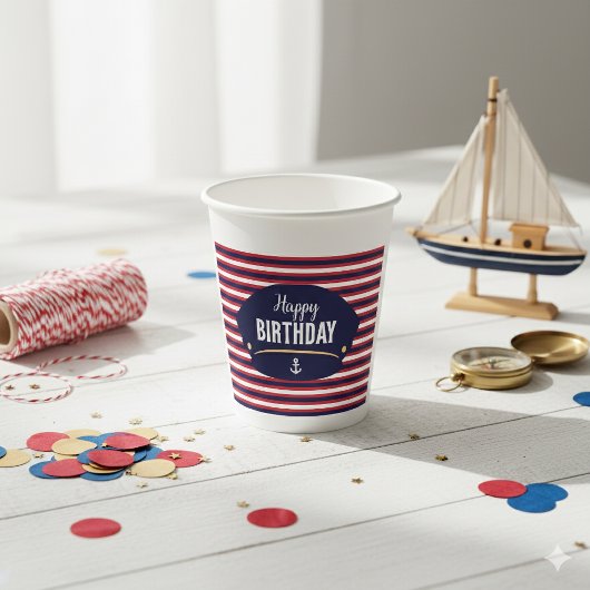 Gobelets En Papier Nautical Birthday Captain Hat Stripe Party Theme