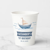 Gobelets En Papier Nautical Blue Boy moderne 1er anniversaire (Recto)