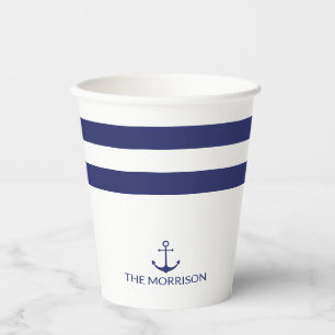Gobelets En Papier Nautical Boat Name marine bleu blanc rayures d'anc
