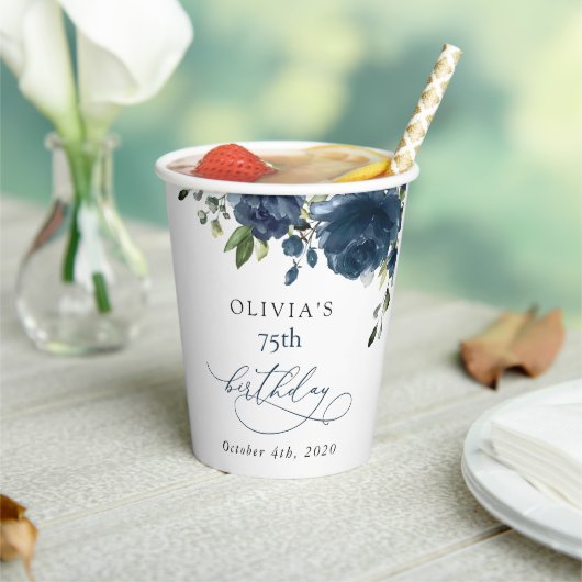 Gobelets En Papier Navy Blue Flowers, Greenery, Boho, Birthday (Insitu)