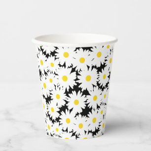 Gobelets En Papier Négative Space Daisies blanc jaune sur noir