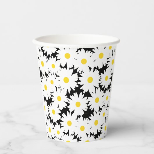 Gobelets En Papier Négative Space Daisies blanc jaune sur noir (Recto)