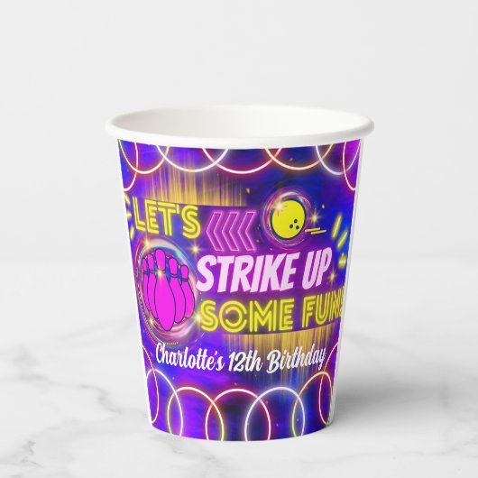 Gobelets En Papier Neon Glow Purple Girl's Bowling Birthday Party (Verso)
