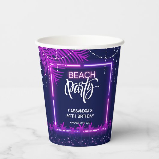 Gobelets En Papier Neon Lights Palm Beach Night Party Anniversaire (Verso)