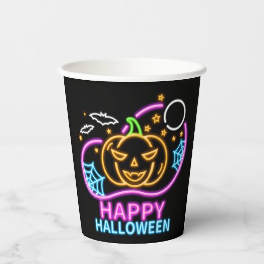 Gobelets En Papier Neon Llow Look Halloween Citrouilles chauves-souri (Verso)