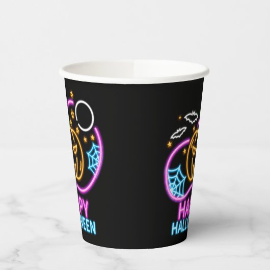 Gobelets En Papier Neon Llow Look Halloween Citrouilles chauves-souri (Gauche)