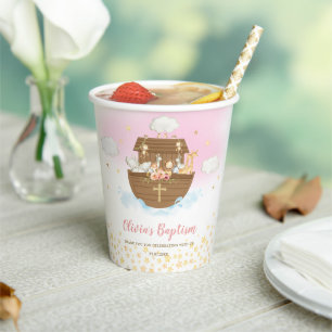 Gobelets En Papier Noah's Ark Rose mignon Animaux Baptême Christenin
