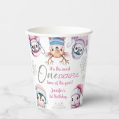 Gobelets En Papier Noël 1er anniversaire mignon Animaux d'hiver roses (Recto)