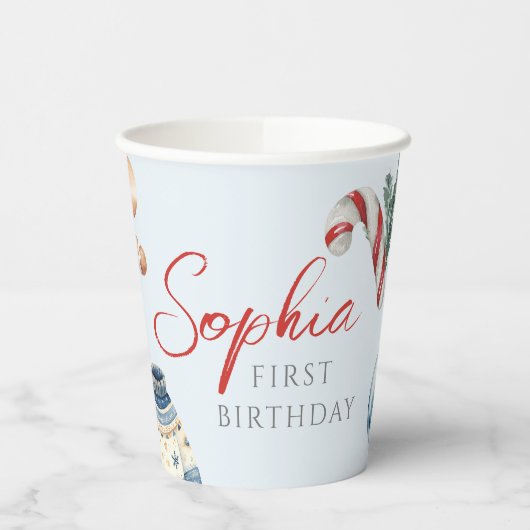 Gobelets En Papier Noël Aquarelle hiver Première fête d'anniversaire (Gauche)