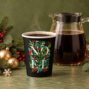 Gobelets En Papier NOEL Berries Greenery Black Christmas Paper Cups
