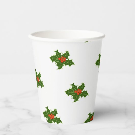 Gobelets En Papier Noël Holly Motif Red Berries Feuilles verts (Recto)