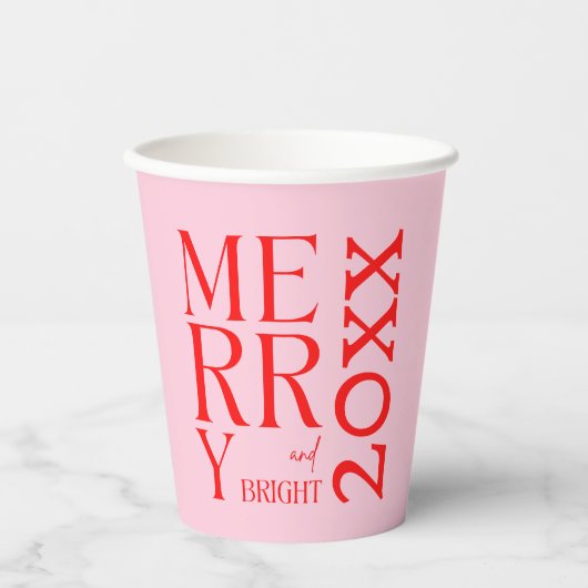 Gobelets En Papier Noël Joyeux et rose rouge vif 2025 (Recto)