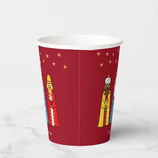 Gobelets En Papier Noël Mages Hommes & Etoiles d'or sur Rouge (Droite)