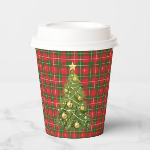 Gobelets En Papier Noël Plaid Rouge, Vert avec Croix d'or