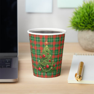 Gobelets En Papier Noël Plaid Vert, Rouge, Or, Blanc