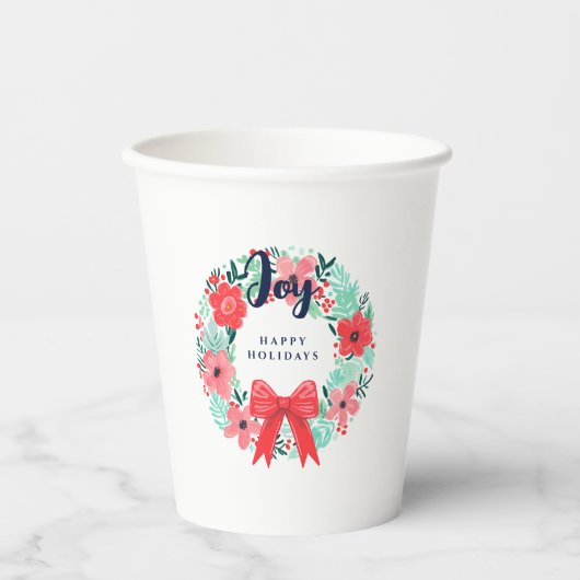 Gobelets En Papier Noël Red Bow Wreath Blue Joie Holiday (Recto)