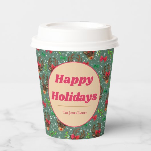 Gobelets En Papier Noël Reindeer Forest vert (Recto)