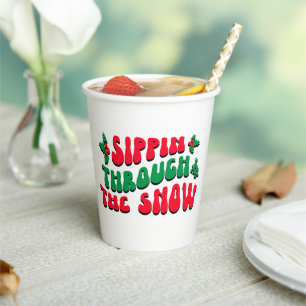 Gobelets En Papier Noël Sippin À Travers La Neige Drôle Hiver